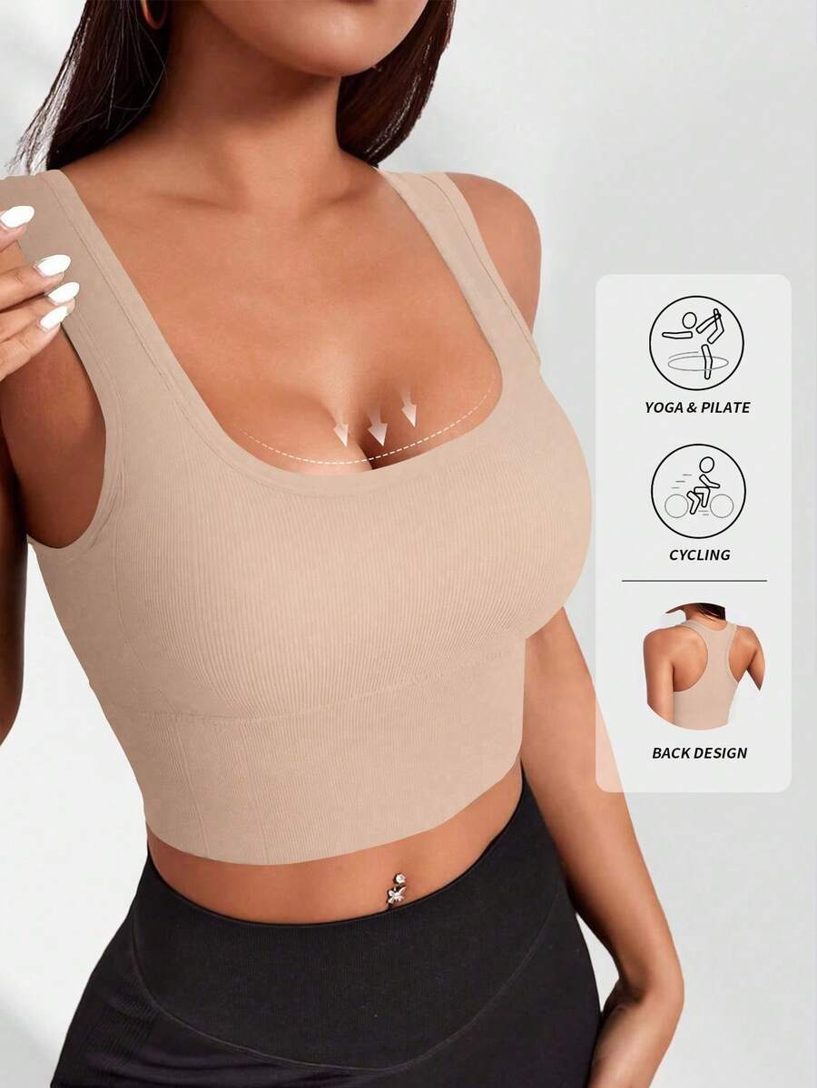 Yefecy Soutien-gorge de sport en tricot côtelé de couleur unie de base, soutien-gorge de sport sans fil pour femmes avec maintien, vêtements de sport pour femmes