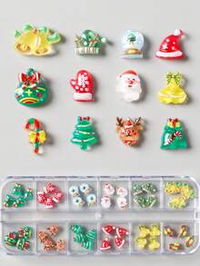 12 Gitter Relief Weihnachts-Nägel Dekor Harz Cartoon Weihnachtsmann Kristallkugel Glocke Geschenk Elch Weihnachtsbaum Handschuhe Süße Nagel Weihnachtsdekoration Nagel Zubehör