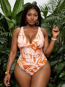 Slaydiva Maiô feminino plus size, 1 peça, estampa aleatória de galhos de plantas, decote em V, franzido, alça ajustável, elegante e sexy, adequado para praia e férias, para férias de verão - Laranja - Ver 5