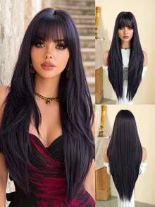 7JHH WIGS 34 Inch Extra Long Straight Dark Purple Wig With Bangs - Super Long Natural Layered Wigs, High Quality Soft Synthetic Fiber Wigs For Women Daily Wear, Halloween Festival Party Cosplay Use, Graduation Gift - Beginners Glueless Wig Accessories - 紫色 - 查看 2