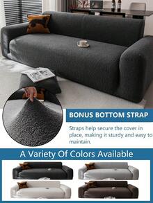 1pc Teddy Plush Sofa Cover, Stretch Multi-Purpose Full Sofa Slipcover With Geometric Pattern Design, Warm Fuzzy Fabric For Winter, Sofa Protector & Holiday Decor, Includes 1 Pillow Case - Dark Grey - View 7