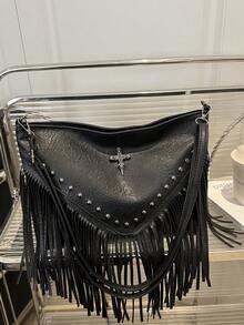Fashionable Retro Leather Crossbody Bag, Bohemian Style Shoulder Bag Fringe Rivet Decor Square Wallet Casual - Black - View 8