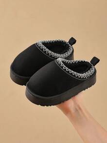 Kids Autumn/Winter Slippers, Simple Design, Boys' Indoor Home Anti-Slip Warm Plush, Girls' Thick Fluffy Slippers - Black - View 13