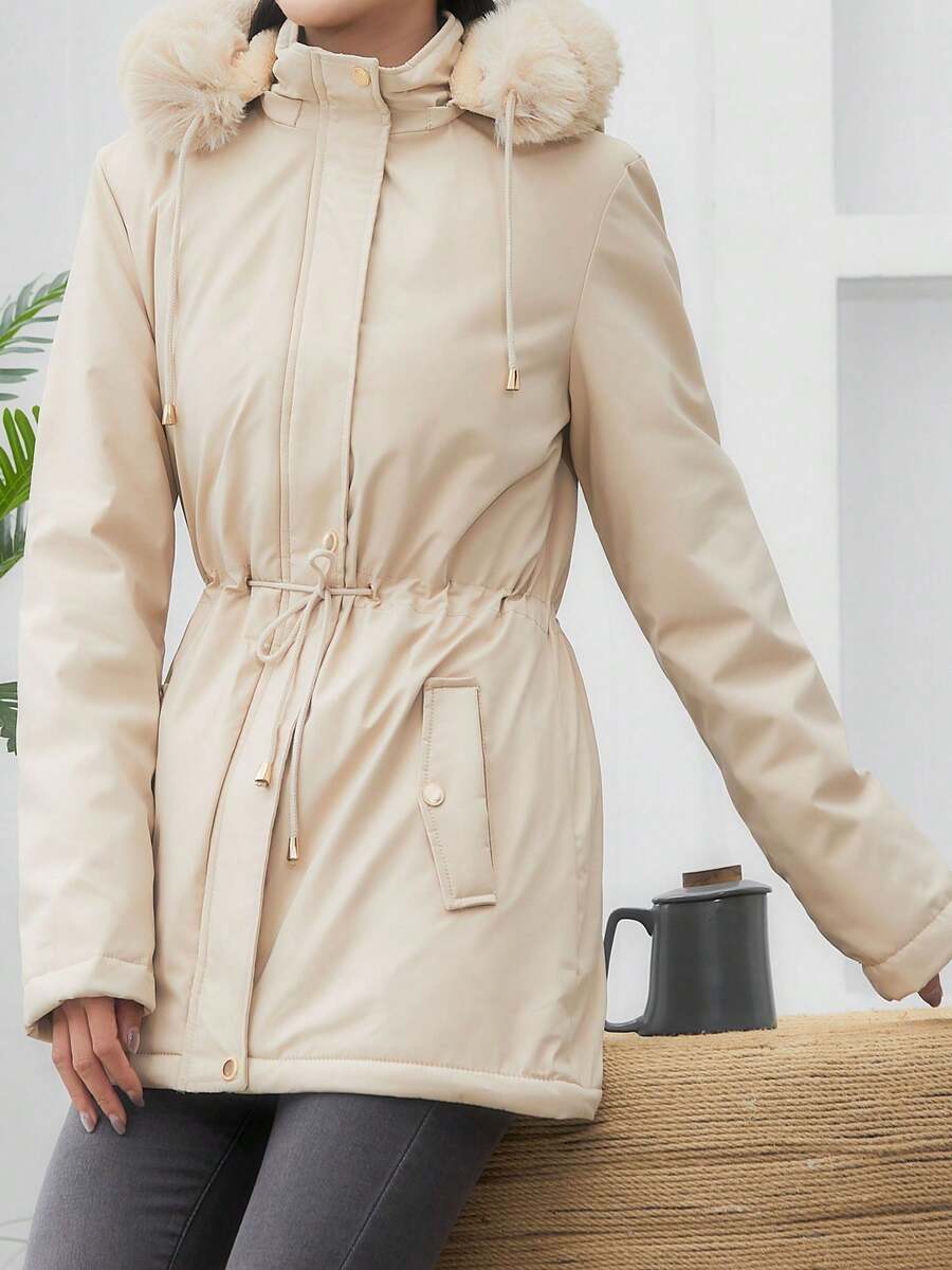 1pc Casual Versatile Women Jacket, Mid-Length With Detachable Hood, Solid Color, Outdoor Thermal Lining, Cinched Waist, Winter,Fleece,Skiing
