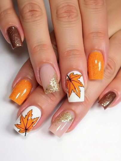 Upgrade Your Look With 24pcs Medium Square Shape Press On Nails Glossy Orange Brown Leaf Glitter Fit Perfectly Fake Nails Kit Full Cover False Nails Includes 1sheet Adhesive Tabs & 1pc Mini File For Daily Dating Office Home Party Women Jewelry Accessories False Nail Tips 1 File Strip Jelly Gel