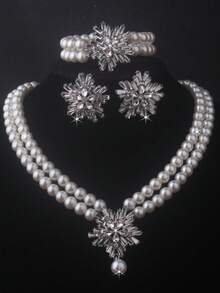 1 Set Bridal Accessories: 2-Row Elastic Bracelet + 2-Row Beaded Necklace + 1 Pair Earrings, Elegant Chain Set For Wedding Dress, Banquet, Ceremony