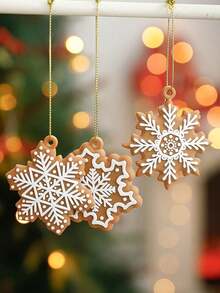 5 件迷你姜饼曲奇形状圣诞装饰品 - 人造木质雪花和星星悬挂装饰，带绳索，棕色和白色糖霜状图案，适用于圣诞树、花环、花环和圣诞装饰 - 彩色 - 查看 8