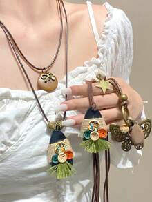 1pc New Chinese Style Zen Retro Star Feather Bowknot Multi-Pendant Long Necklace For Women, Fashionable National Style Elegant Delicate Accessory Suitable For Daily, Vacation, Holiday Wear - Ancient Bronze - View 4