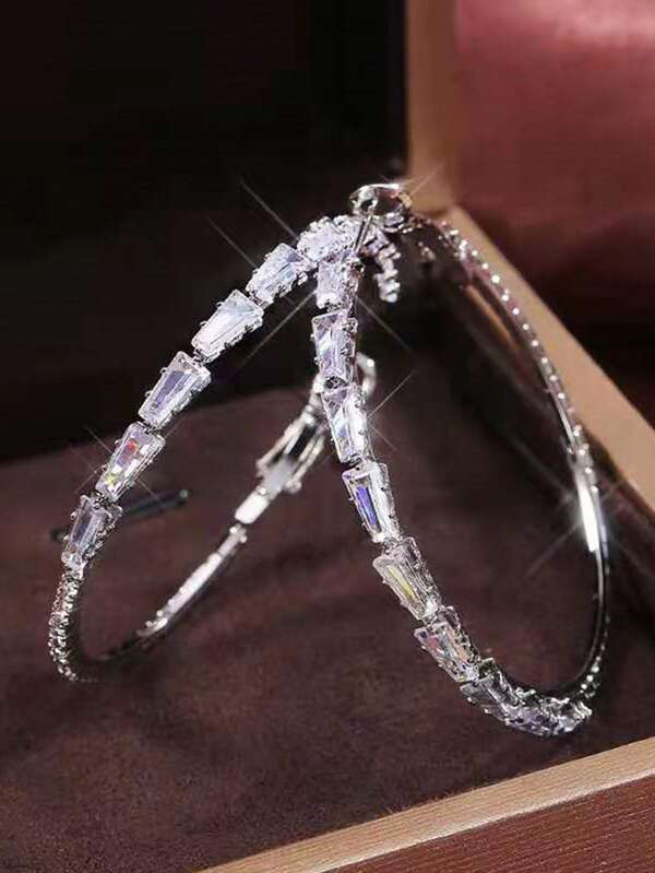 1 Pair Fashionable Copper Hoop Earrings With Inlaid Trapezoid Cubic Zirconia, Suitable For Daily Wear, Luxury High-End Evening Party Gift, Christmas Gift