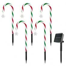 5-in-1 rote und grüne solar-betriebene Zuckerstangen-Lichter mit Schneeflocken-Ornamenten, Weihnachtsdekoration für Außenbereich, Garten, Weg, festliche Feiertags-Beleuchtung, solar-betriebene Außendekoration