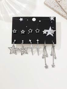 6 对哥特式深色铆钉滴油五角星、蝙蝠、心形玫瑰、吉他、钥匙、海星、乌鸦、骷髅时尚奢华设计耳环套装 - 多色-J - 查看 6