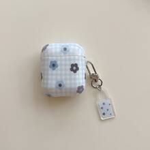 1 set husă de căști albastră în carouri și design floral, compatibilă cu Apple 1/2/3/4, husă de protecție pentru căști wireless Bluetooth Pro 2