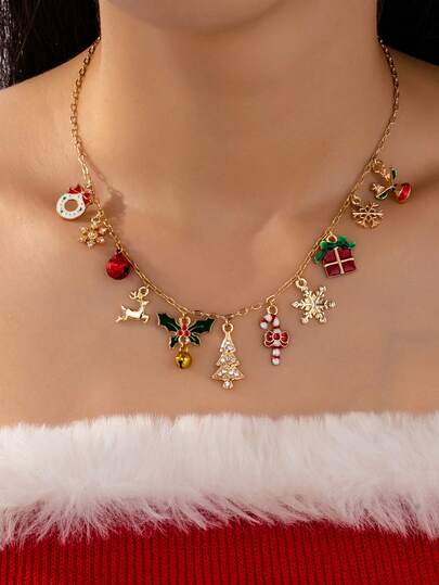 1 件珐琅圣诞饰品项链 - 圣诞树拐杖糖雪花冬青浆果吊坠饰品项链 - 节日礼物珠宝，适合女士女孩母亲妈妈妻子