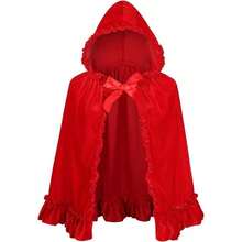 Red & Burgundy Halloween Velvet Cloak, Short Ruched Lace Trim Hooded Cape