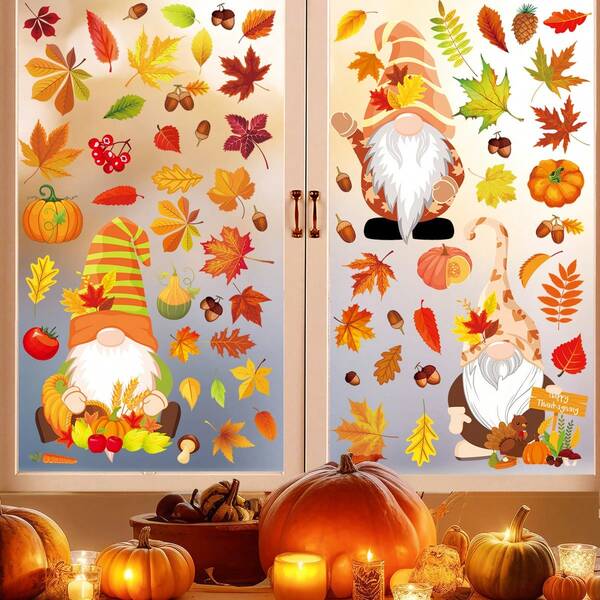 93 Stücke/6 Blatt Thanksgiving Herbst Fenster Aufkleber, Herbst Gnome Fenster Aufkleber Herbst Aquarell Thanksgiving Fenster Aufkleber, Herbst Dekorationen für Zuhause - wiederverwendbare statische Fensteraufkleber für Glas - Herbstblätter Blumen Kürbis Fensteraufkleber für Außen Büro, Herbst Deko für Thanksgiving Friendsgiving Party Zubehör, Fröhlicher Herbst Party Zubehör Thanksgiving Geburtstag, Thanksgiving Ernte Deko