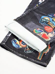 INFLATION Pantalones rectos de estilo vaquero con bolsillos y estampado, ajuste europeo, para hombres de talla grande - Negro - Ver 4