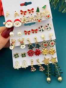12-36pcs Metal Rhinestone Christmas Santa Claus, Bow, Snowflake, Reindeer Pendant Earrings Set, Unique Jewelry Accessories For Women, Suitable For Christmas, Party, Events