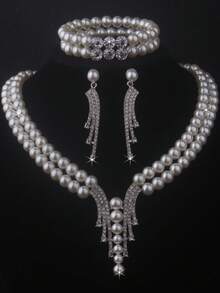 1 Set Bridal Accessories: 2-Row Elastic Bracelet + 2-Row Beaded Necklace + 1 Pair Earrings, Elegant Chain Set For Wedding Dress, Banquet, Ceremony