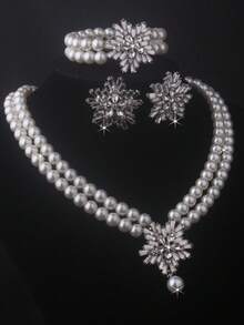 1 Set Bridal Accessories: 2-Row Elastic Bracelet + 2-Row Beaded Necklace + 1 Pair Earrings, Elegant Chain Set For Wedding Dress, Banquet, Ceremony