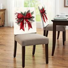 1 pièce/4 pièces/6 pièces/10 pièces Housse de chaise en peluche courte imprimée de nœud de ruban de branche de pin, de baie rouge et de feuille de houx. Protecteur de de chaise en peluche amovible pour salle à manger, salon, toutes saisons, décoration de Noël
