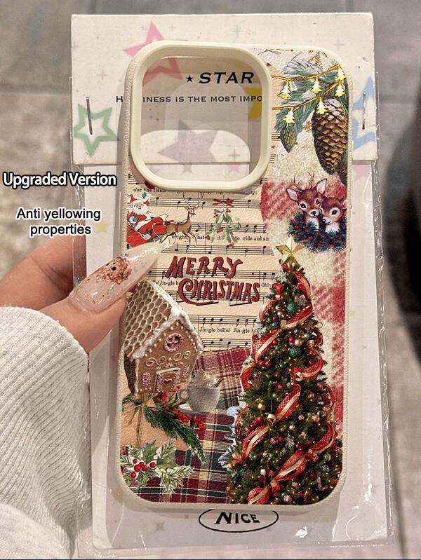 1pc Christmas Tree, Gingerbread House, Music Score Pattern Classic Retro Patchwork Aesthetic Litchi Texture Waterproof Shockproof Anti-Slip High-End Soft Phone Case, Suitable As Birthday, Holiday Gift For Friends, Family, Couples, Compatible With Apple/ Phones