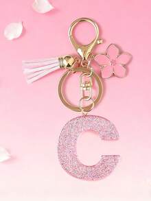 1pc DIY Pink 26 English Alphabet Keychain, Resin Glitter Flower Tassel Key Chain For Women Christmas Gift