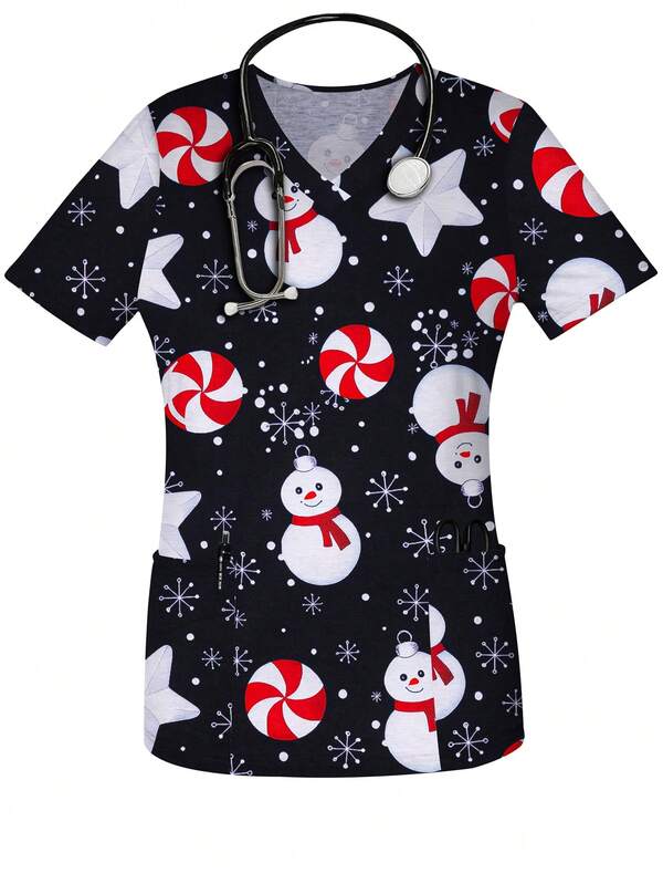 Blusa de enfermera con cuello en V, estampado de muñeco de nieve y estrella, de manga corta, con bolsillos, para primavera y verano, ropa de otoño para mujeres