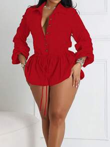 Women's Button Ruched Bubble Playsuits Long Sleeve Drawstring Shorts Shirt Jumpsuit Rompers One Piece Outfits, Spring Fall Winter Clothes - Red - View 1