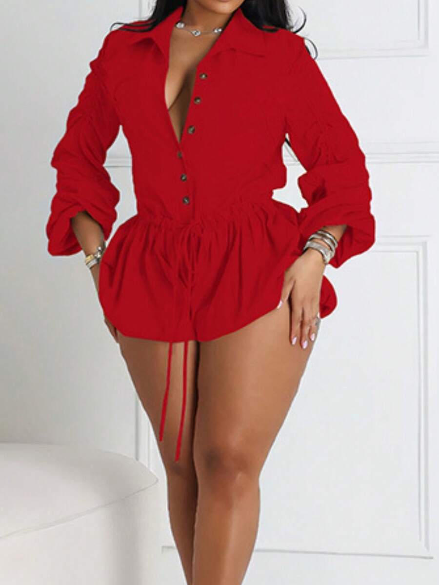 Women's Button Ruched Bubble Playsuits Long Sleeve Drawstring Shorts Shirt Jumpsuit Rompers One Piece Outfits, Spring Fall Winter Clothes - Red - View 1