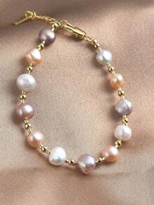 1 Piece 18K Gold Plated Natural Pearl Bracelet, Gift For Women On Mother's Day, Valentine's Day, Birthday, Engagement, Wedding, Girlfriend - Rosa - 查看 3