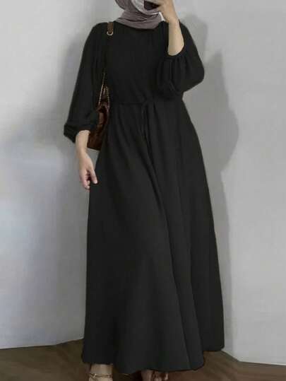 Vestido largo de manga larga tipo kaftan negro para mujer de talla grande, de cuello redondo y tela tejida, adecuado para un uso digno