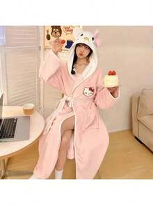 Sanrio 可爱毛绒浴袍 - Hello Kitty & My Melody 女士毛绒浴袍 | 带帽速干浴袍，柔软法兰绒面料，保暖冬季家居服，粉白蓬松设计，舒适家居服，俏皮卡通风格，柔软材质