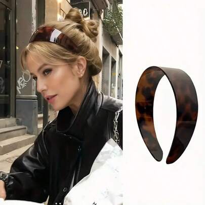 1 pieza Diadema ancha de acetato de estilo clásico francés con estampado de carey, con dientes antideslizantes, gruesa y brillante, cómoda como accesorio para el cabello de mujer