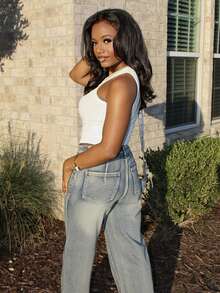 Steph T 女式水钻装饰直筒蓝色牛仔裤，性感派对裤，新年夜，节日派对裤，圣诞节 - 深色水洗藍 - 查看 5