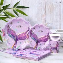 10pcs Purple Mermaid Tail Petal Disposable Plates, Napkins And Cups, Petal Theme Tableware Set For 10 Guests, Suitable For Birthday Party, Family Picnic - Multicolor - View 1