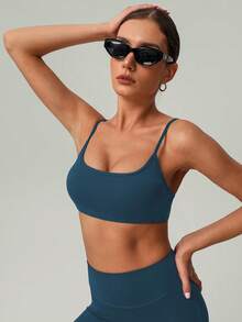 2 PCS CO Ord Set Women's Classic Spaghetti Strap Backless Sports Bra And High Waist Deep V Butt Lift Line Running Fitness Cycling Short - 藍色 - 查看 5