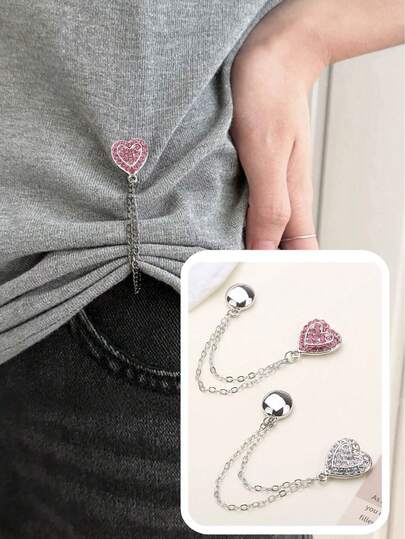 1/2pcs Fashion Heart-Shaped Magnetic Clasp Chain With Rhinestones, Suitable For Fixing Collar, Cuffs, Pant Legs To Change Clothing Style, T-Shirt Length Adjustment Clip, Multi-Purpose Decorative Button, Holiday Gift