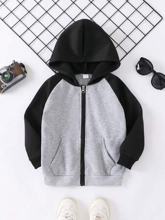 3-7 Years Old Boys' Thickened Splice Raglan Hoodie Jacket With Zipper Pockets, Casual & Simple Design, Suitable For Outdoor Activities And School Wear