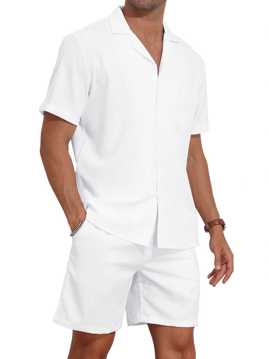 Mens Summer Outfits 2 Piece Striped Beach Set Button Down Short Sleeve Shirts Stretch Breathable Casual Shorts Suits - 白色 - 查看 1