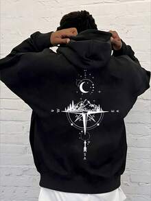 Teen Boys Letter Compass Pattern Casual Black Hooded Sweatshirt. Suitable For Spring And Autumn Seasons. - Black - View 1
