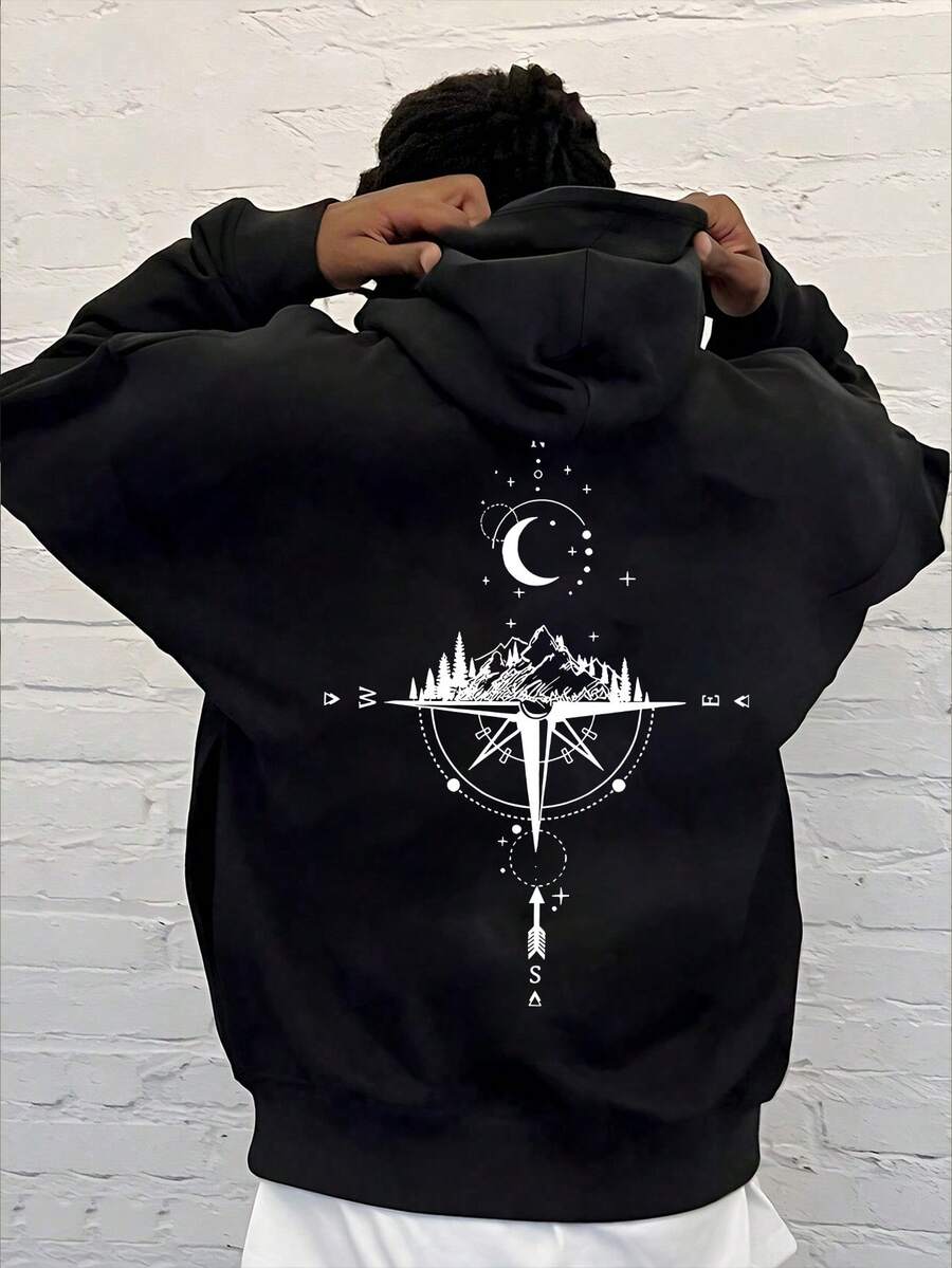 Teen Boys Letter Compass Pattern Casual Black Hooded Sweatshirt. Suitable For Spring And Autumn Seasons. - Black - View 1
