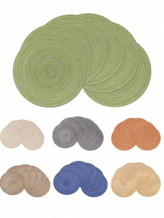 12pcs/Set Round Woven Placemats & Coasters Set, 15 Inch, Double-Sided Washable, Suitable For Kitchen, Holiday Parties, Dinners, Family Gatherings (Green)
