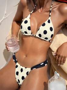 Hàng mới về dành cho nữ - Bộ bikini thanh lịch, gợi cảm, lãng mạn với họa tiết chấm bi và sọc, thích hợp cho kỳ nghỉ/đi biển, đồ bơi, váy dự tiệc ngày Valentine, đi hồ bơi, trang phục ngày lễ. - Đen và trắng - Xem 6