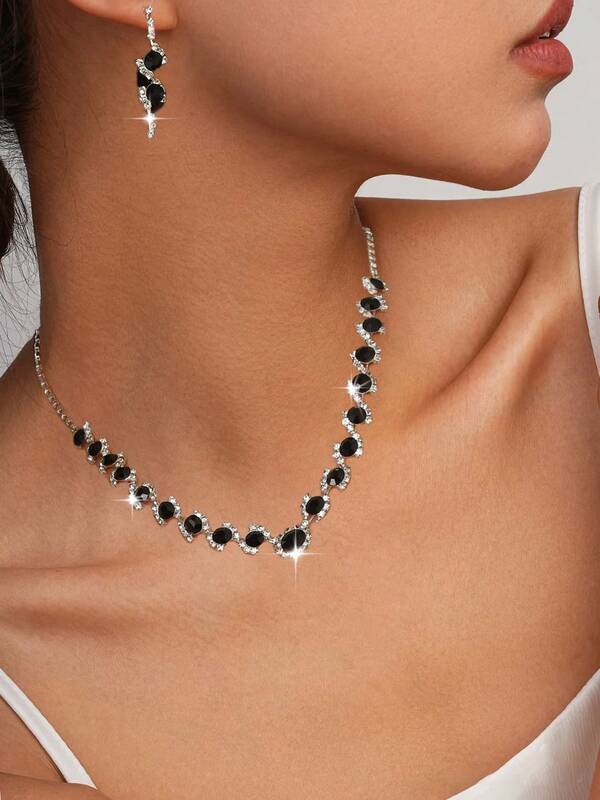 3pcs Jewelry Set - Rhinestone Necklace, Earrings, Bracelet, Fashion Accessories Suitable For Wedding Dress Or Daily Wear