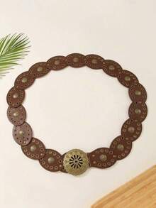 1pc Western Cowgirl Boho Punk Style Fashion Accessory, Women's Hollow Flower Oval Buckle Decor Boho Belt, Suitable For Daily Commute, Hangout With Friends, Vacation Dinner, Dance Party, Music Festival, Gift For Friends, Family, Mother, Girlfriend On Birthday, Valentine's Day, Mother's Day - 黑色 - 查看 4