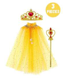 3 Peças Conjunto de Fantasia de Princesa, Varinha Mágica e Capa, Adequado para Meninas Pequenas se Fantasiarem, Jogos de Fantasia, Acessórios para Festas de Interpretação de Papéis em Feriados, É uma Escolha Ideal para Dar de Presente a Meninas