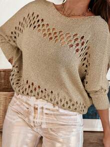 Spring And Autumn Women's Clothing Western Casual Fashion Temperament Elegant Knitted Hollow Design Round Neck Pullover For Daily Commuting, Outings, Dates, And Gatherings