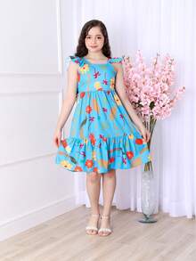 Short Printed Children's Tank Top Dress - 藍色 - 查看 2