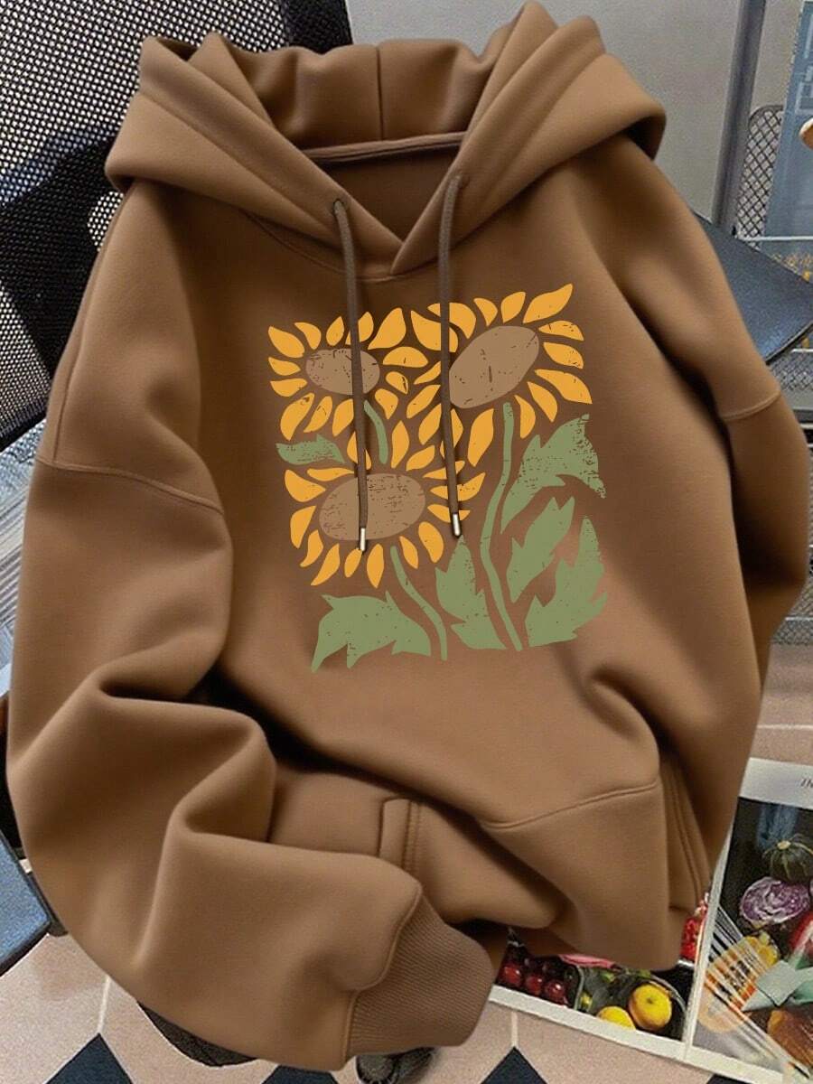 Sudadera de mujer con capucha y cordón ajustable con estampado de girasoles en estilo deportivo informal holgado