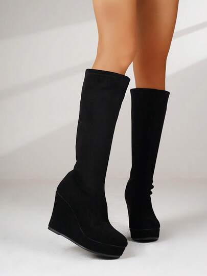 Stivali alti sopra il ginocchio con tacco alto da donna, stivali a metà polpaccio con punta tonda e platform, stivali attillati con suola spessa ed elasticizzati